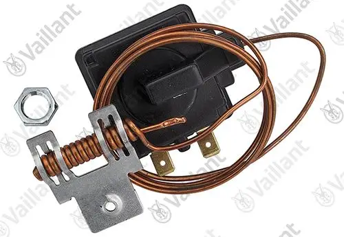 Vaillant Temperaturbegrenzer mit Kupferdraht und Metallhalterung. Das Gerät enthält elektrische Anschlüsse und ist für Abgasanwendungen konzipiert.